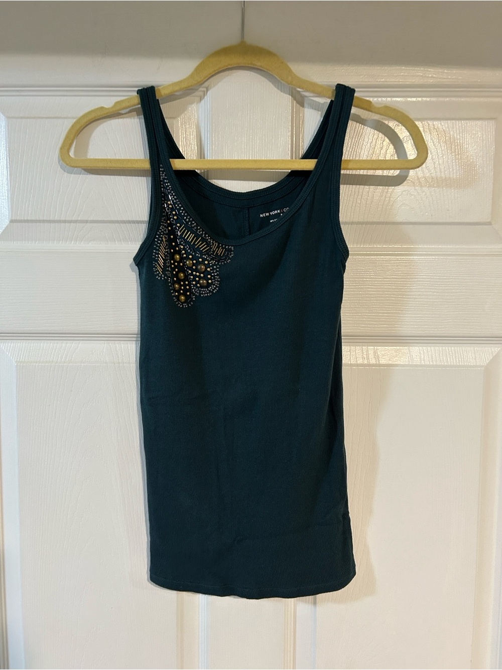 New York & Company Dark Teal Tank with Gold Bead Embellishment